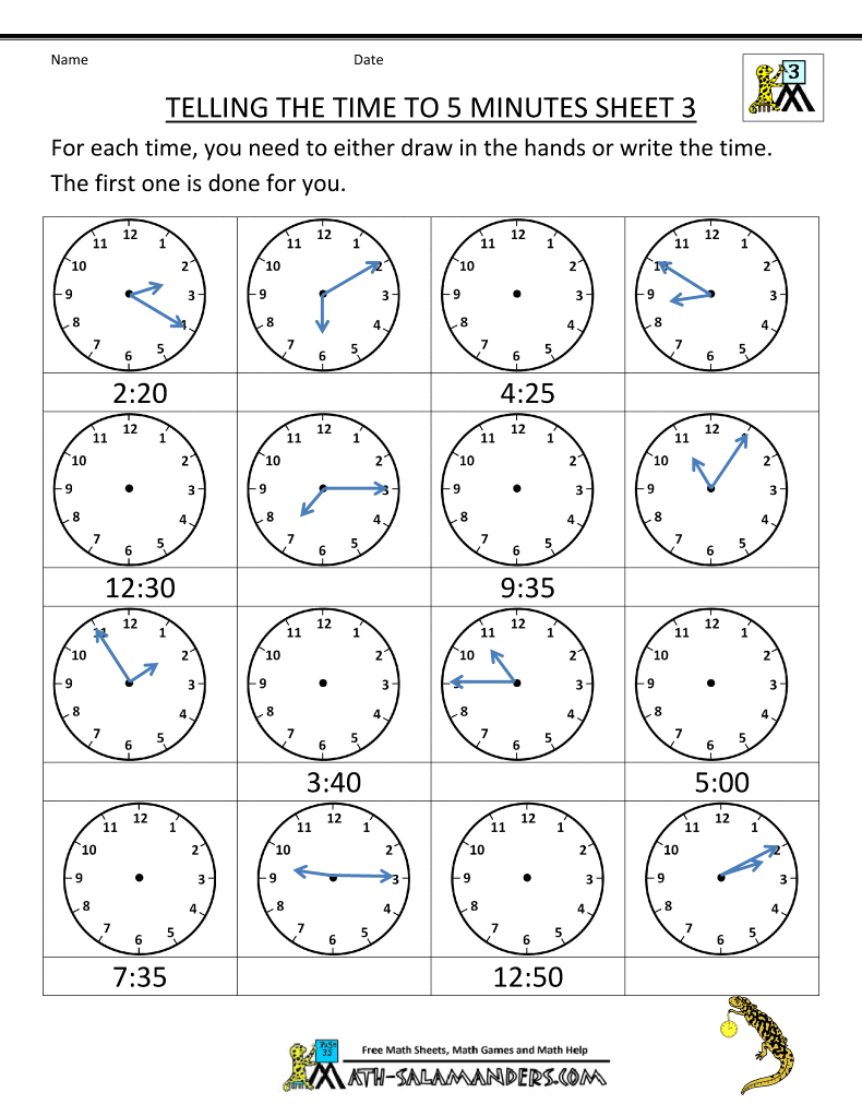 Telling Time Worksheets Telling The Time To 5 Min 3 Telling Time