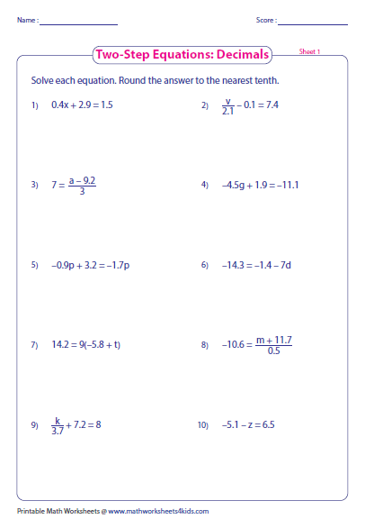 Two Step Algebra Equations Worksheet 71447
