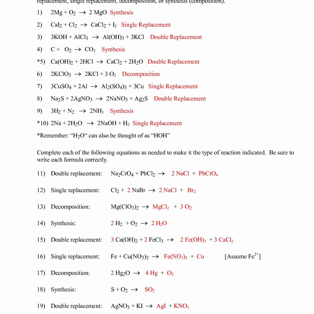 Types Of Chemical Reactions Worksheet Answers Resume