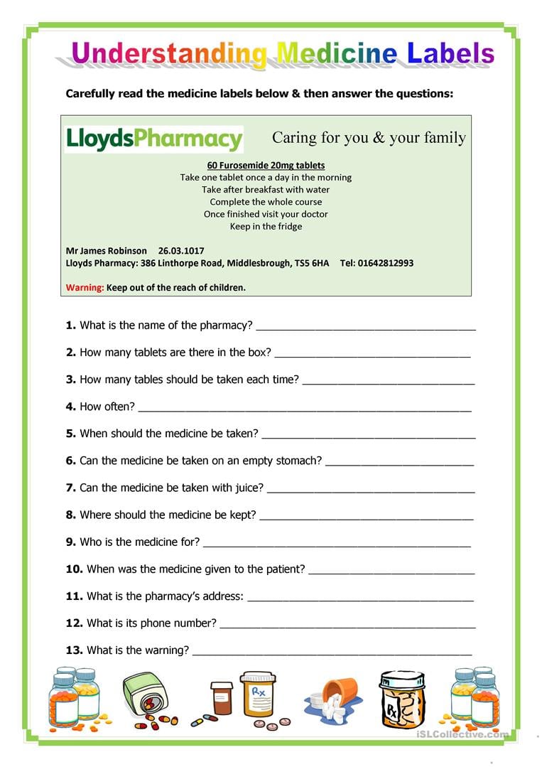 Understanding Medicine Labels Worksheet