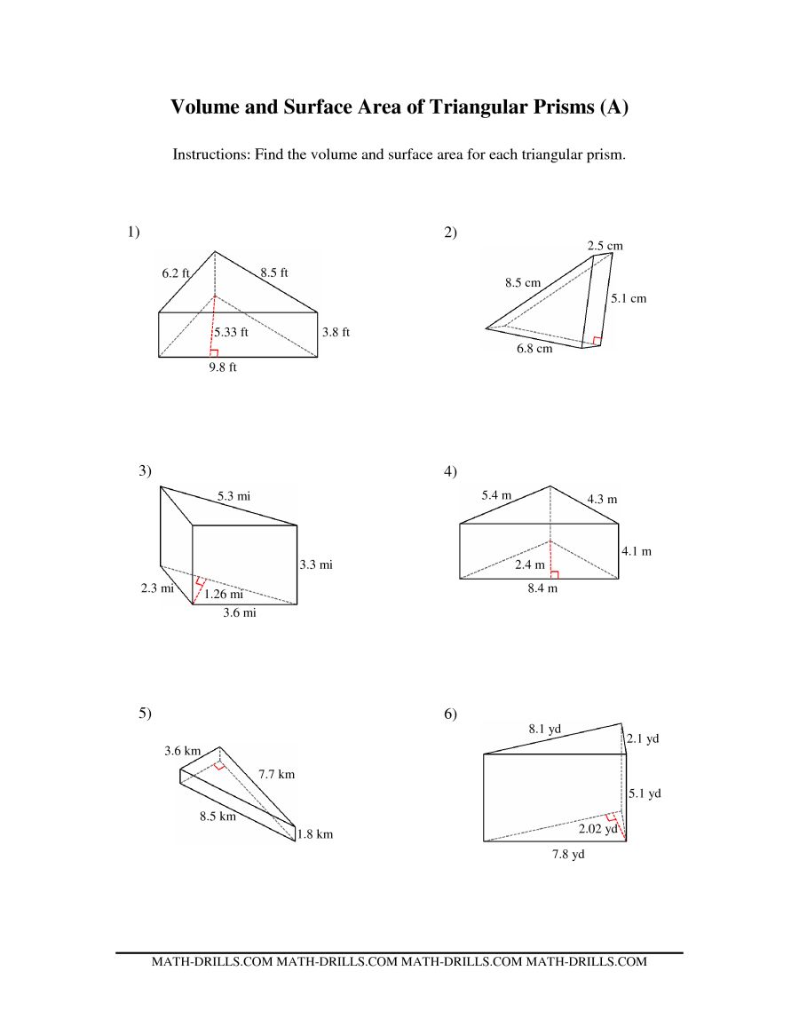 Volume And Surface Area Of Triangular Prisms (a)