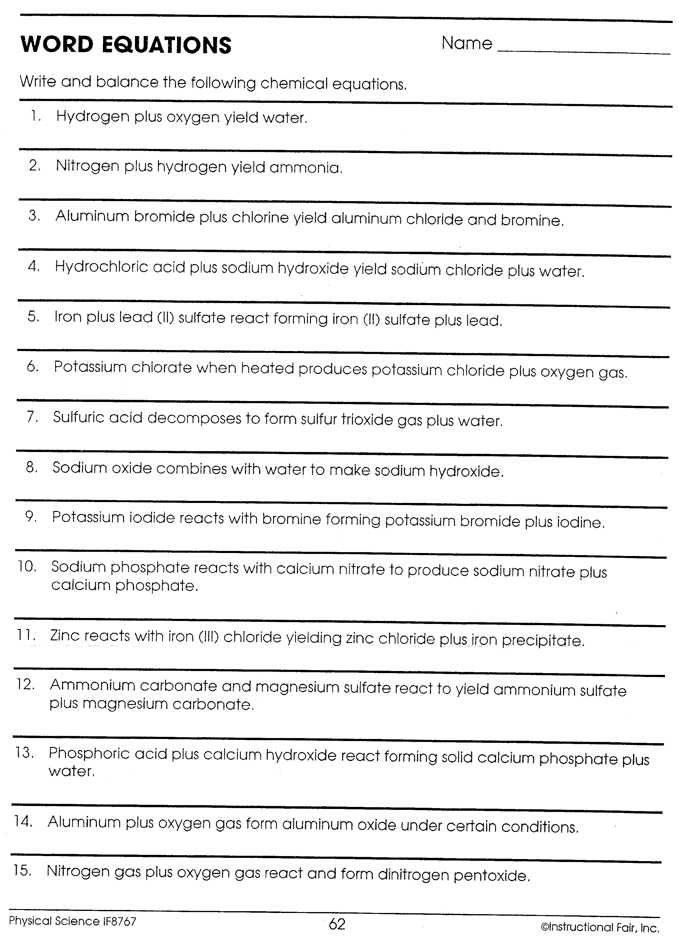 Word Equations Worksheet Answers Worksheets For All Download And