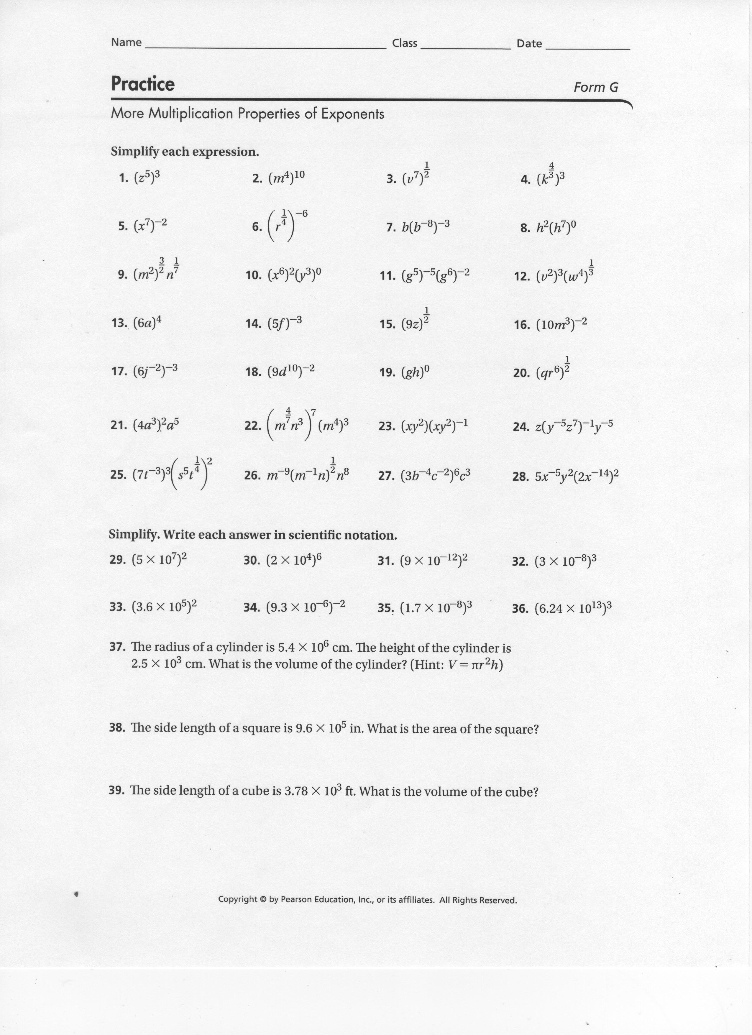 Multiplication Properties Of Exponents Worksheets Answers