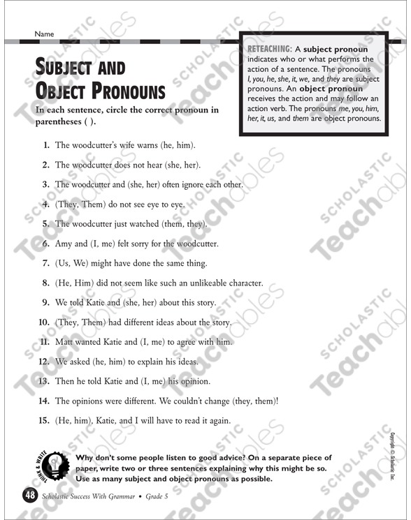 Subject And Object Pronouns (grade 5)