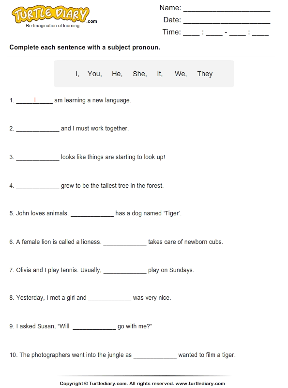 Fill In The Blanks With Subject Pronouns Worksheet