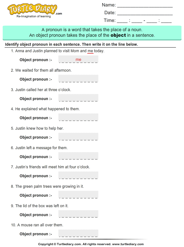Identify Object Pronouns In A Sentence Worksheet