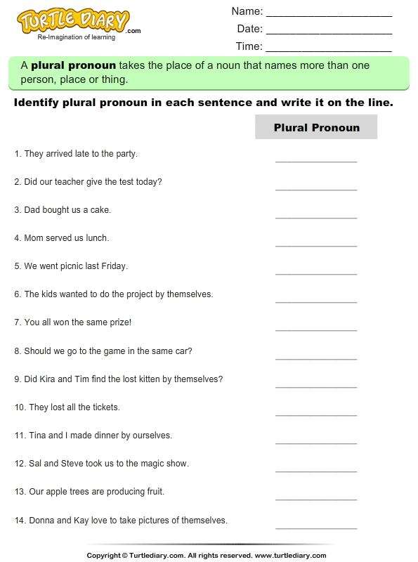 Identify Plural Pronoun In Each Sentence Worksheet