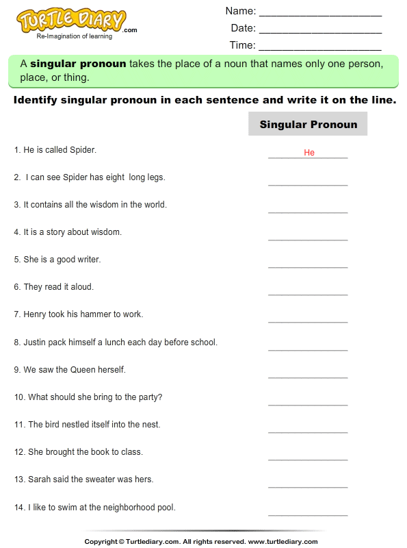 Identify Singular Pronouns In A Sentence Worksheet