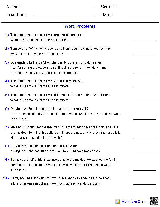 Math Word Problems With Variables Worksheets  1475676