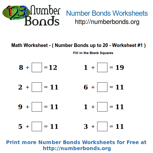 Number Bonds Math Worksheet Up To 20 Worksheet  1