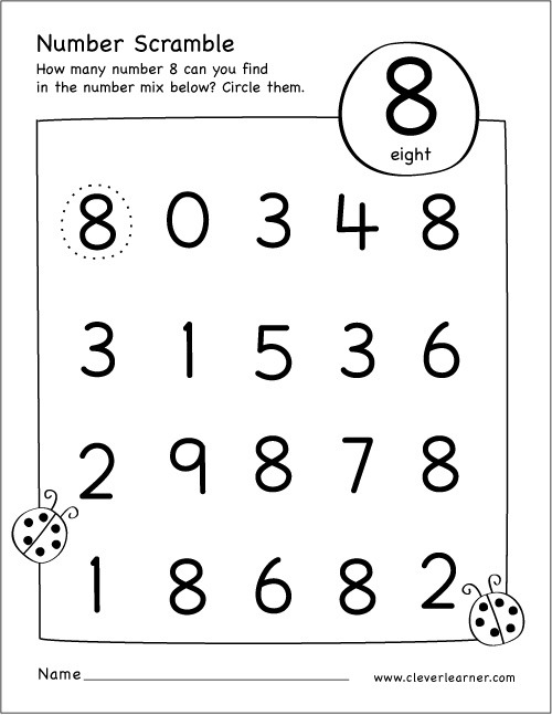 Number Scramble Activity Worksheet For Number 8 For Preschool Children
