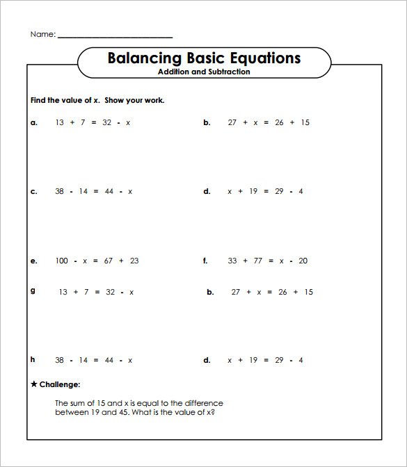 Simple Algebra Worksheet