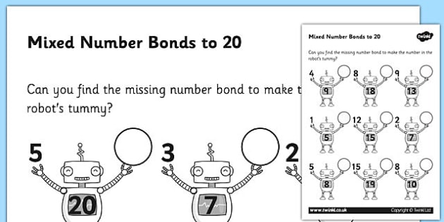 Mixed Number Bonds To 20 On Robots Worksheet   Activity Sheet