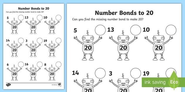 Number Bonds To 20 On Robots Worksheet