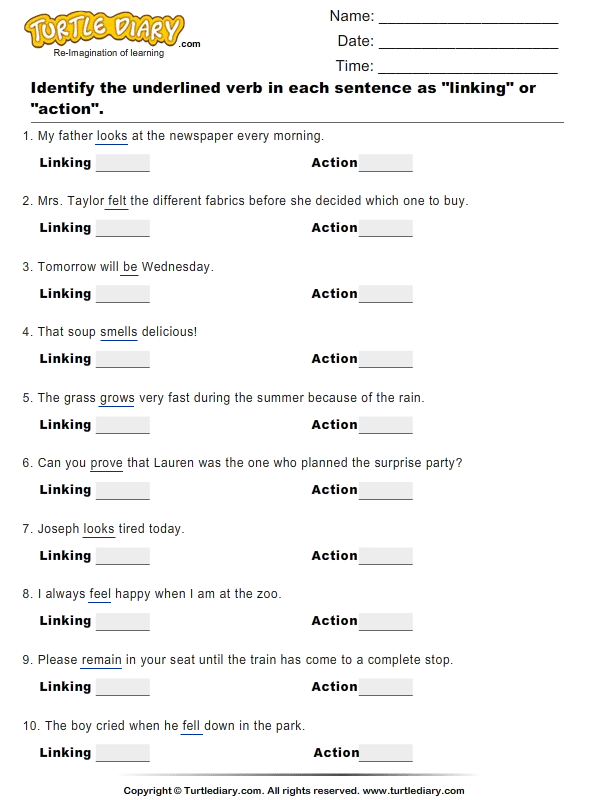 Action Verbs Linking Verbs Worksheet