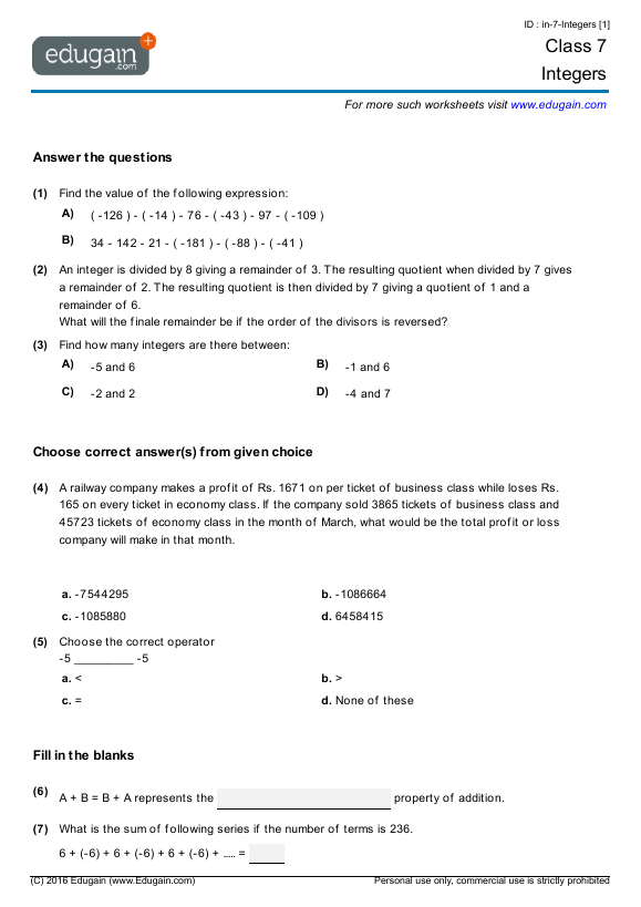 Grade 7 Math Worksheets And Problems  Integers