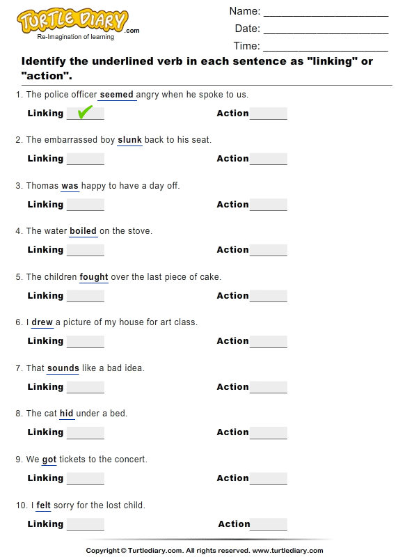 Identify Verbs In A Sentence As Action Or Linking Worksheet