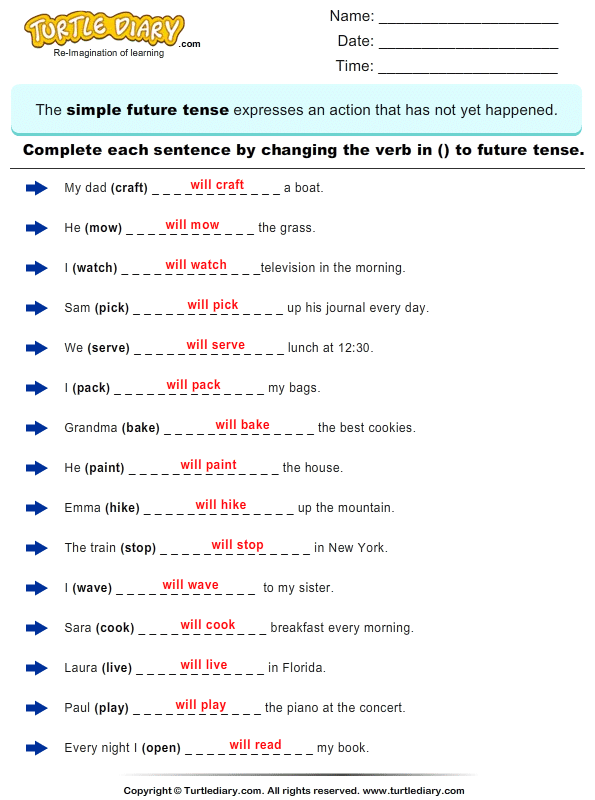 Change The Verbs To Future Tense Form Answer