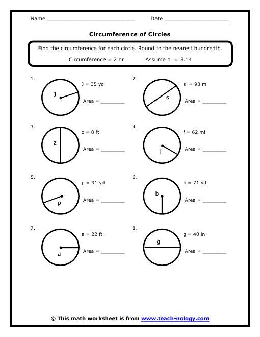 Circumference Of A Circle Worksheets