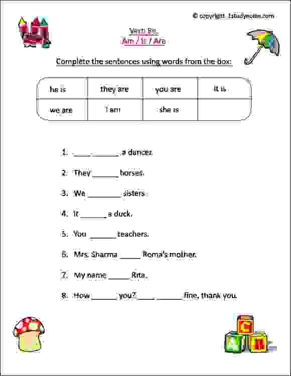 English Worksheets For Class 1 Kids To Practice Verbs Is, Am, Are