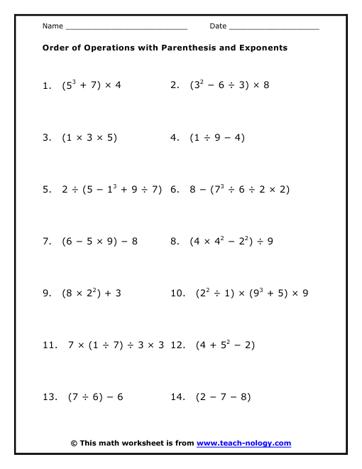 Order Of Operations With Parenthesis And Exponents