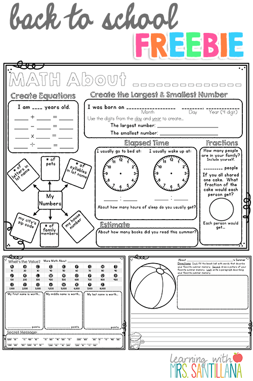 4th Grade Back To School Freebie Math About Me, Writing Activity