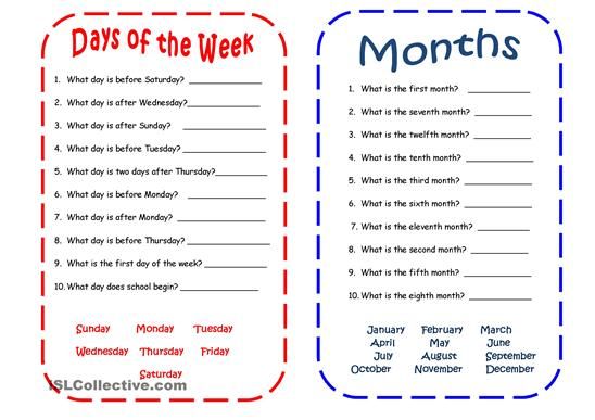 Days And Months Worksheet