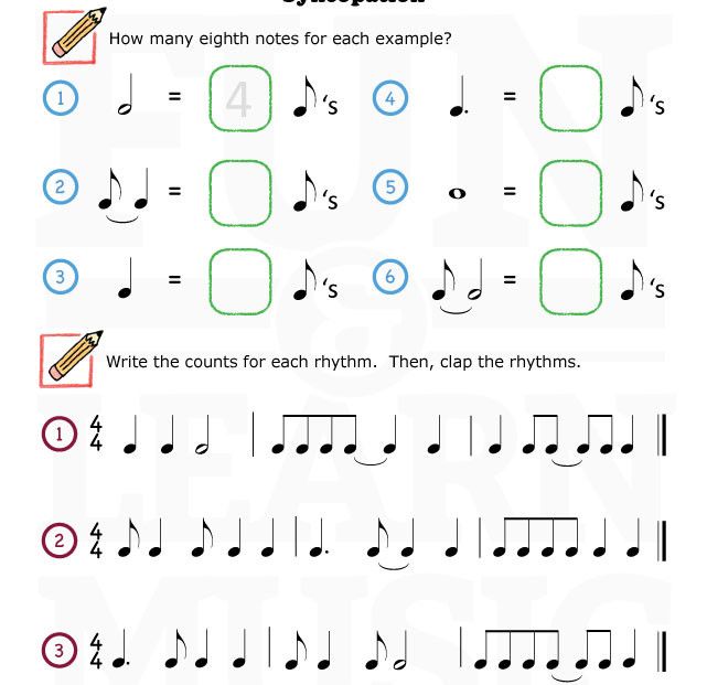 Worksheet On Syncopation For Music Students!
