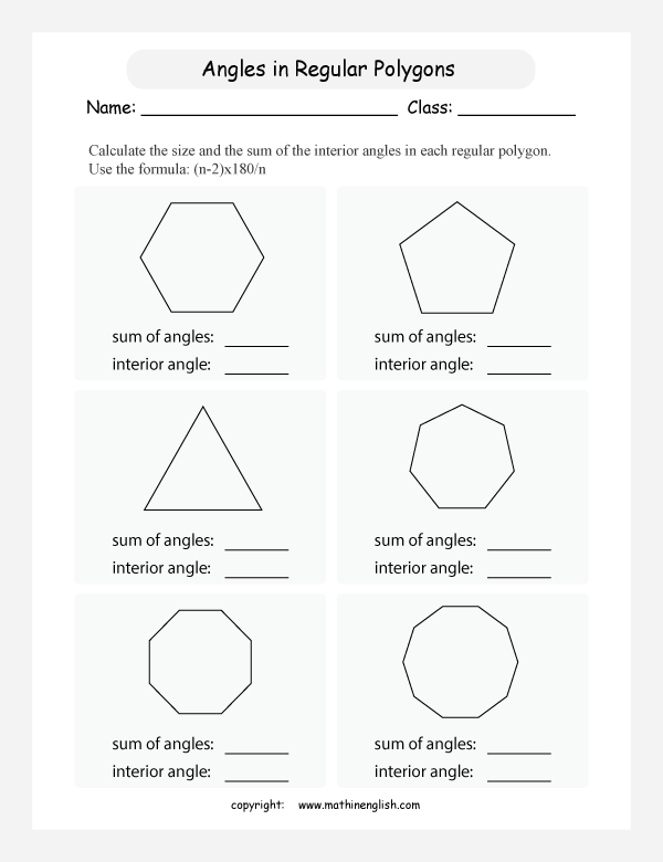 Math Geometry Worksheet, Find The Angle Size In Several Regular