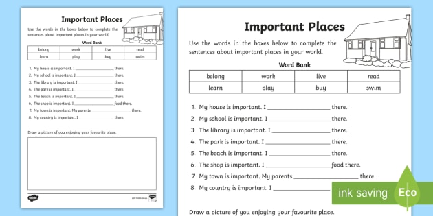 Important Places Cloze Worksheet   Worksheet