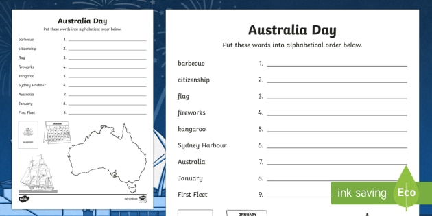 Nsw Australia Day Alphabet Ordering Worksheet