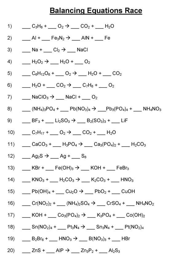 Balancing Reactions Worksheet