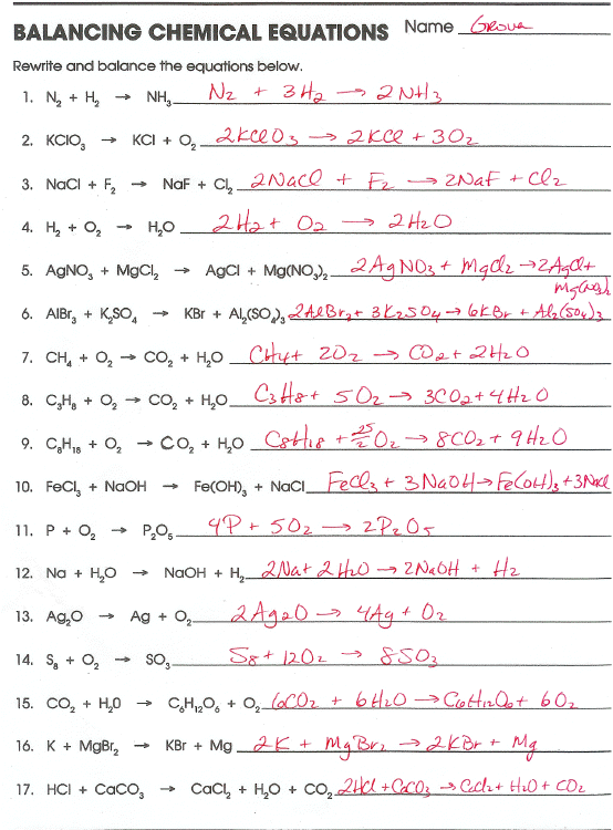 Balancing Chemical Equations Worksheets With Answers