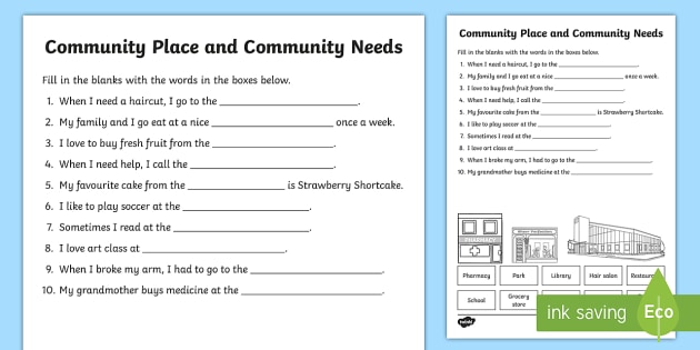 Community Places And Community Needs Fill In The Blanks Worksheet