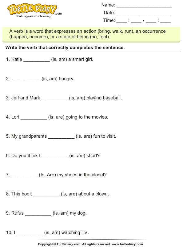 Choose The Correct Form Of The Verb To Be Am Is Are Worksheet
