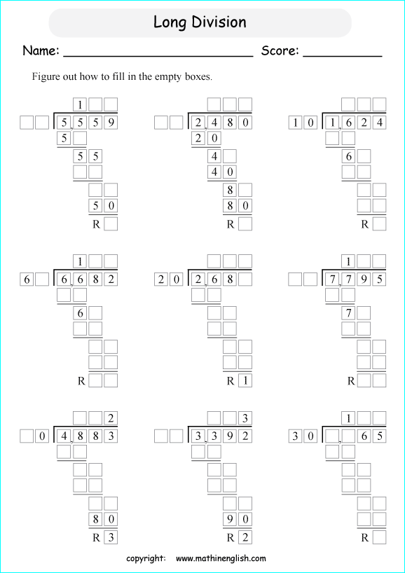 Solve The Long Division Problems And Fill In The Boxes  Find The