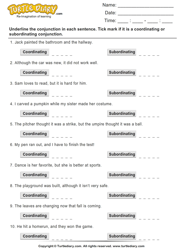 Coordinating And Subordinating Conjunctions Worksheets 4th Grade