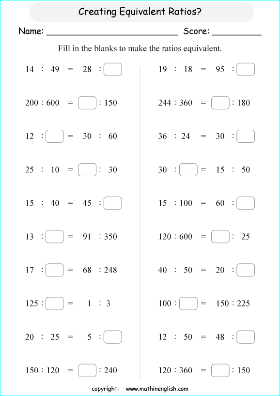Create Equivalent Ratios Of Numbers Up To 1,000 Math Worksheet For