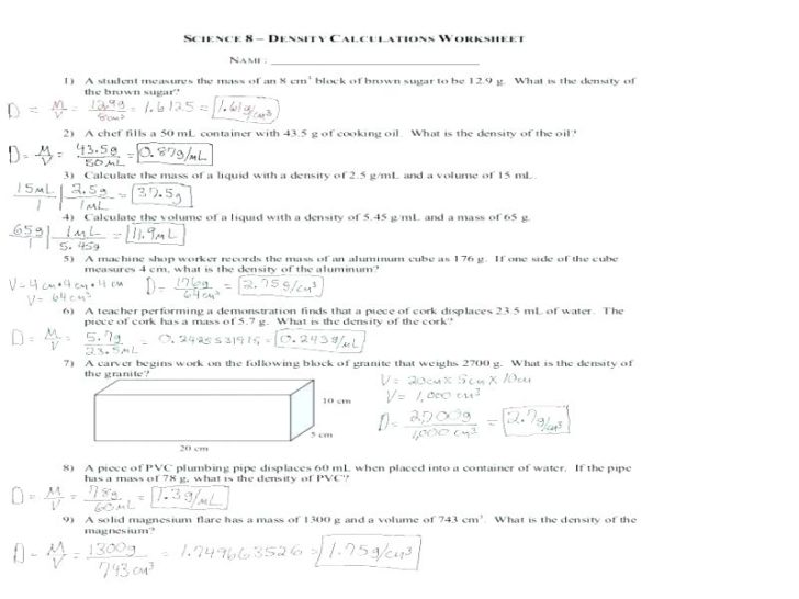 Density Worksheet Answers
