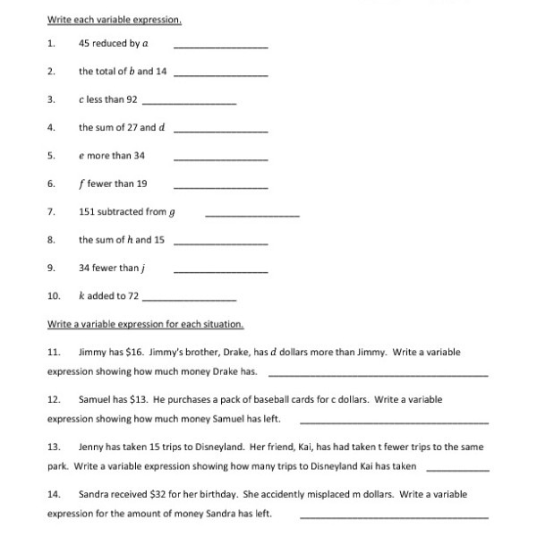 Fifth Grade Variable Expressions Worksheet 05 â One Page Worksheets