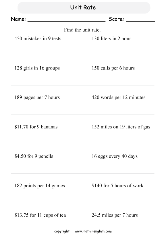 Calculate For Each Situation The Rate Per Unit  Math Proportion