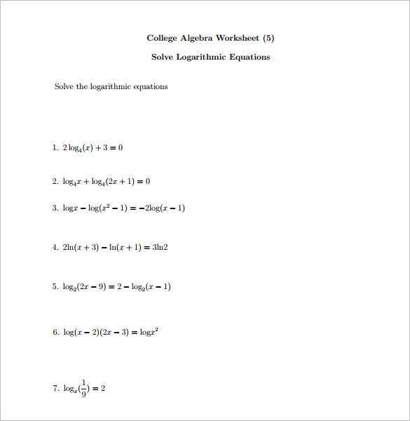 8+ College Algebra Worksheet Templates