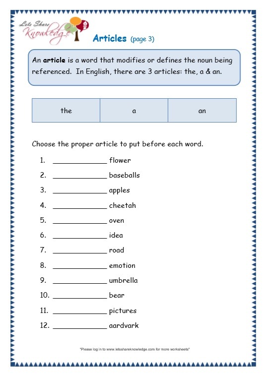 Grade 3 Grammar Topic 34  Articles Worksheets