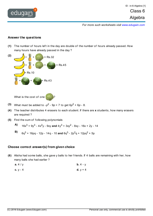 Year 6 Math Worksheets And Problems Algebra Worksheets