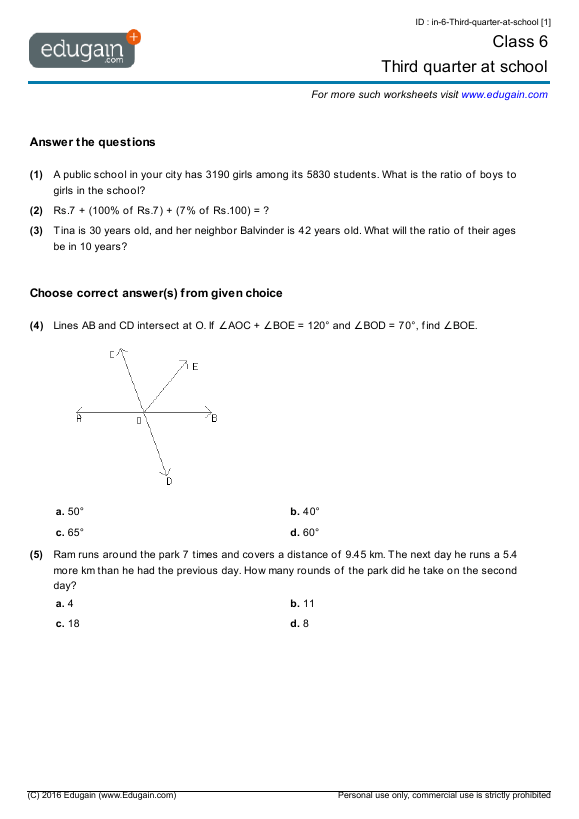 Grade 6 Math Worksheets And Problems  Third Quarter At School