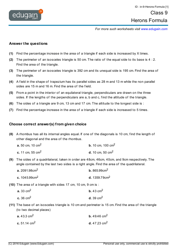 Grade 9 Math Worksheets And Problems  Herons Formula
