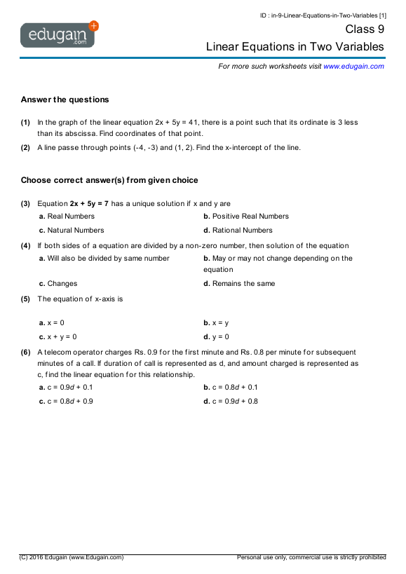 Grade 9 Math Worksheets And Problems  Linear Equations In Two
