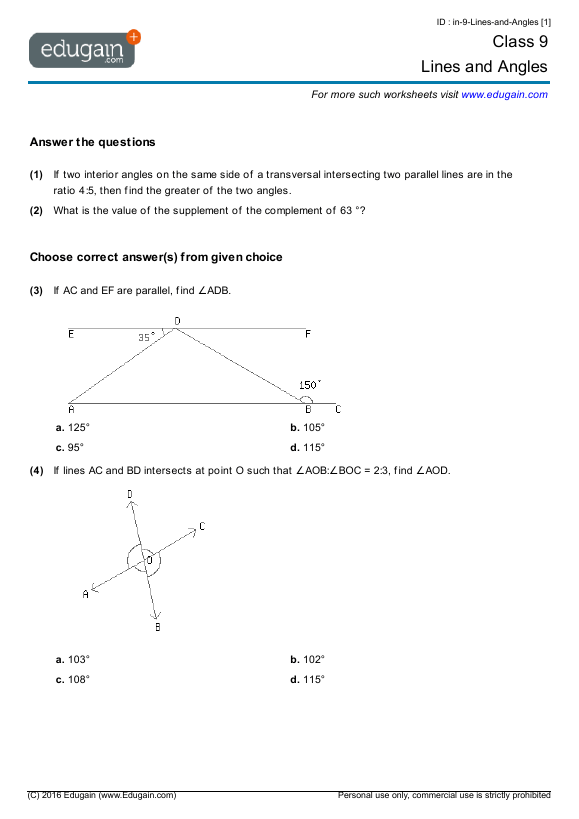 Grade 9 Math Worksheets And Problems  Lines And Angles