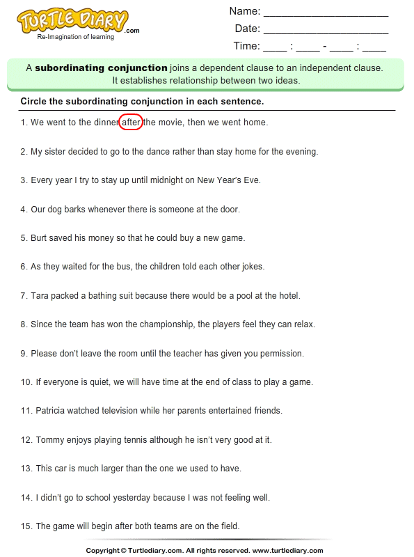 Identify The Subordinating Conjunction In The Sentence Worksheet