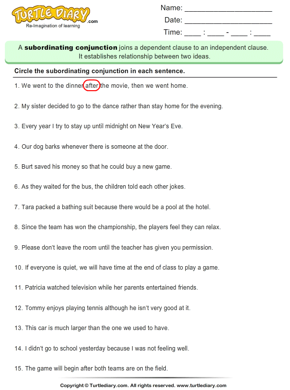 Subordinating Conjunctions Worksheets With Answers Pdf Grade 5